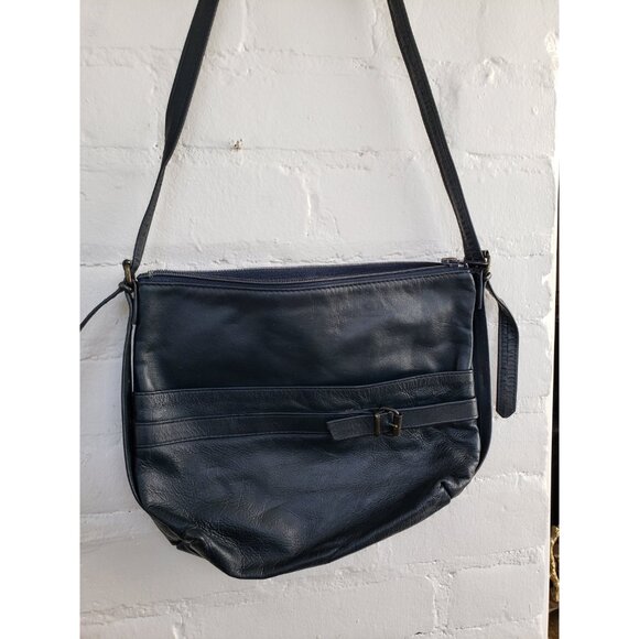 Dark Blue Leather Shoulder Bag with front Buckle and Pouch Vintage Leather Purse - Picture 2 of 10